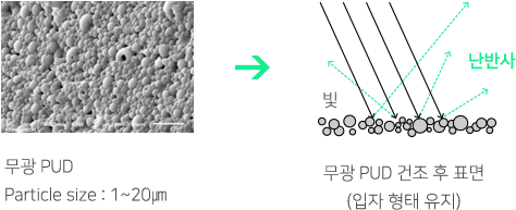 무광 PUD Particle size : 1~20㎛ VS 무광 PUD 건조 후 표면 (입자 형태 유지)