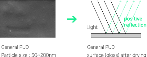 일반 PUD Particle size : 50~200nm VS 일반 PUD 건조 후 표면(유광)